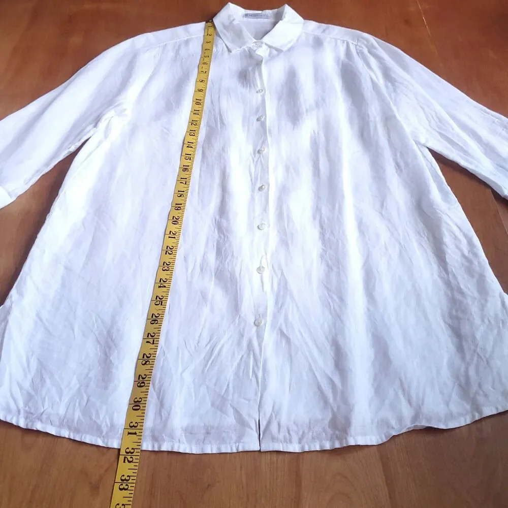 100% Linen White Button Up Tunic Shirt Womens L Minimalist Lagenlook 3/4 Sleeve